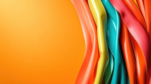 Dynamic, colorful ribbons set on a vibrant orange backdrop, displaying an artistic abstract flow that captures movement and creativity in modern design.