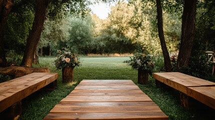 A beautiful rustic outdoor wedding setup in a forest, with wooden benches and floral arrangements lining the aisle under the shade of tall trees.