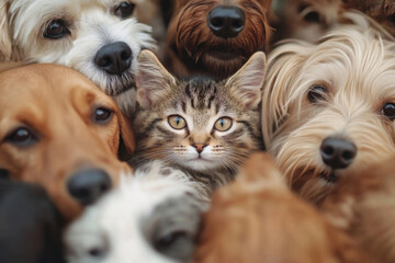 A tabby cat stands prominently at the center, surrounded by numerous dog faces, creating a striking contrast between feline and canine companions in vibrant detail.