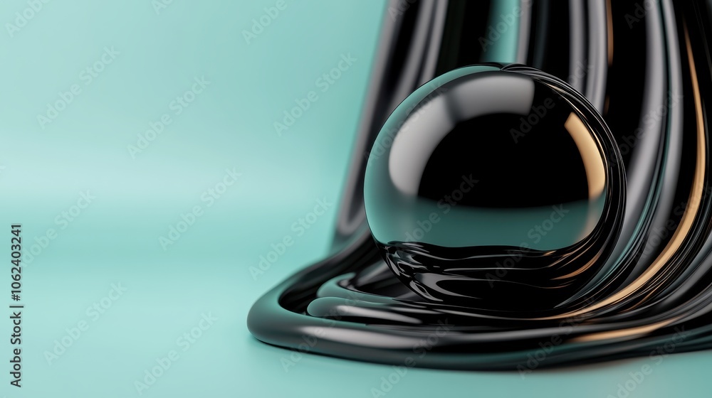 Poster a glossy black sphere sits on a smooth teal surface, with sleek glossy textures adding depth and con