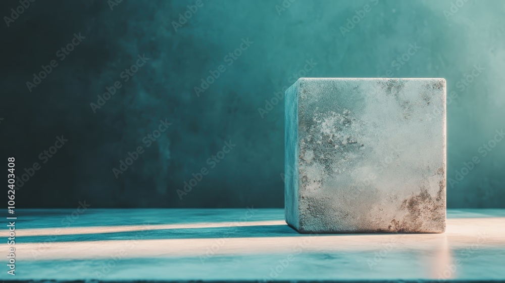 Poster an aged stone cube with a weathered and textured surface sits on a shadowed floor, creating a myster