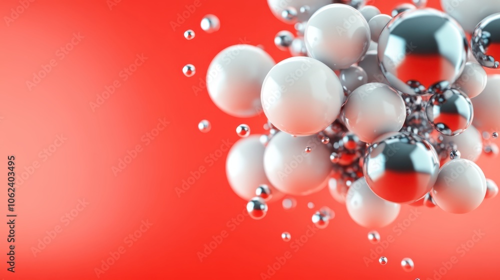 Poster clusters of silvery spheres nestle on a vibrant red surface, their polished reflections creating an 