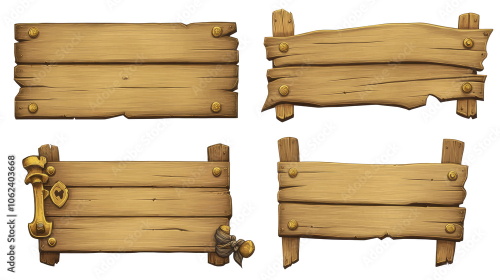 Poster medieval wooden frames and game panels on transparent background generative ai