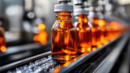 Amber glass bottles glide smoothly along an assembly line, their warm hues creating an industrial yet aesthetically pleasing scene filled with potential products.