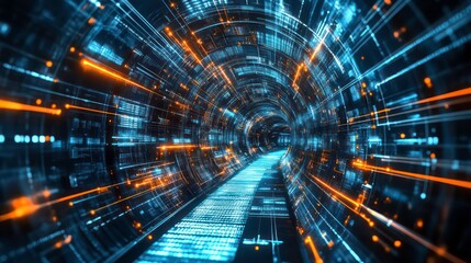 A futuristic tunnel with flowing data streams and glowing elements, representing technology.