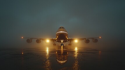 Obraz premium Foggy Morning PreparationThe airplane is shrouded in early morning fog, headlights glowing and giving the scene a mystical feel as the aircraft emerges slowly, ready for departure.