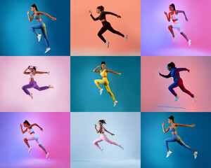 A group of athletic women in colorful apparel demonstrates various styles of running against vibrant backgrounds. The lively arrangement showcases energy and movement.