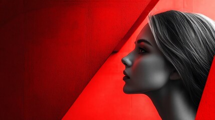 Woman's face in profile against a red background.