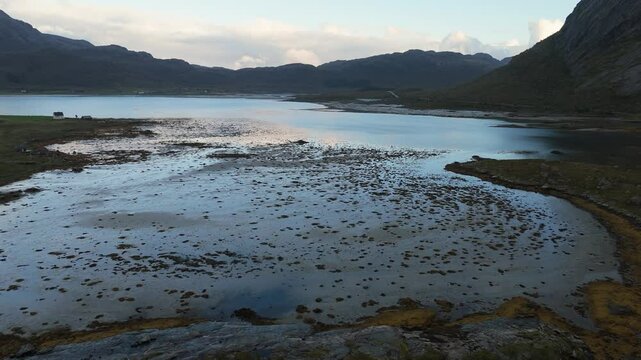 Morpheus beach, Lofoten, Norway, aerial shot, drone video