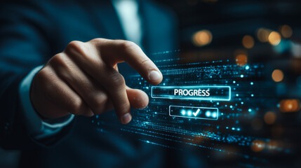 Progress Tracking Technology Concept: A professional utilizes an advanced digital interface to activate and monitor progress, illustrating the application of smart technology in workflow optimization.