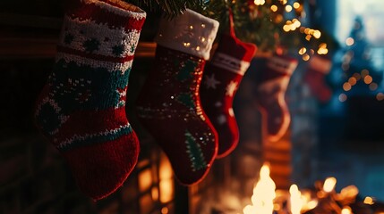 Christmas stockings hanging from a fireplace