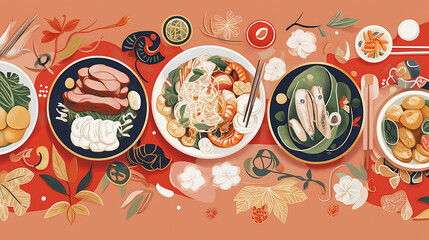 An array of Chae roast duck alongside colorful Khanom Chan is beautifully arranged, showcasing an inviting and festive atmosphere perfect for sharing during a special occasion