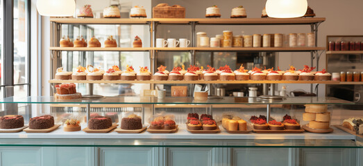 Sorted breads and pastries on a table, plast or display
