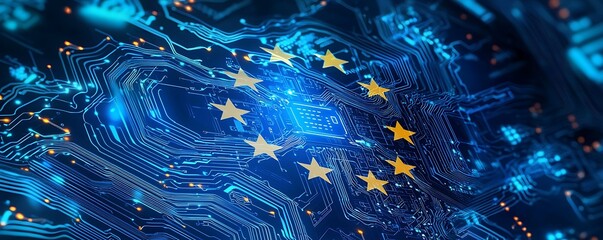 Conceptual illustration of AI Act, EU flag intertwined with circuit board patterns, symbolic representation of ethical AI governance.