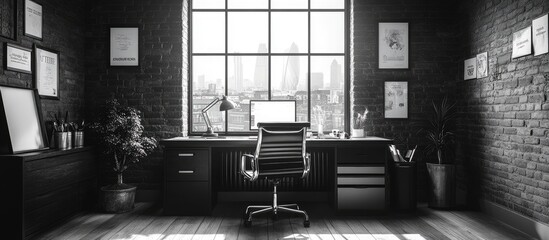 Modern office with a view of the city skyline and a large window with natural light.