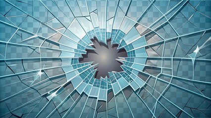 Cartoon-style broken glass background featuring a shattered window with a prominent hole and various cracks radiating outward. The illustration captures the sense of destruction and chaos.