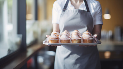 Fototapeta premium a close-up of a woman's hands holding a plate of pastries