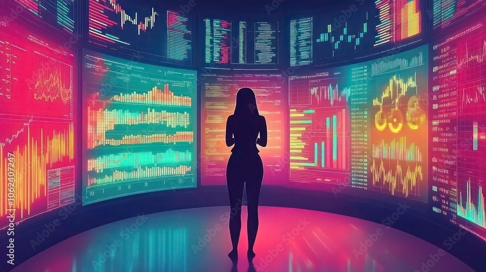 Aufkleber a silhouette of a person in front of digital screens displaying financial data and charts.