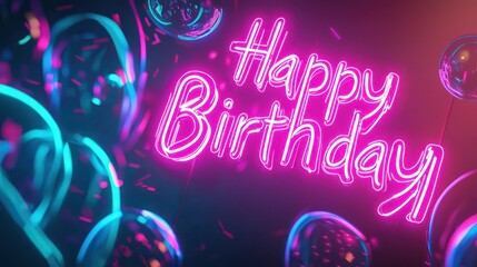 Neon "Happy Birthday" glowing in pink and blue with abstract background