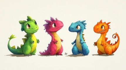 Obraz premium A colorful illustration of four cute dragon characters in various hues.