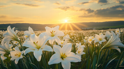 Serene Sunset Over Blossoming White lilies Flowers Field - Nature&rsquo;s Tranquility at Golden Hour Landscape