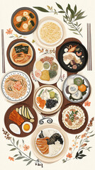 Delicious Korean dishes are elegantly arranged for a New Year celebration, featuring noodles, rice cakes, and various side dishes that symbolize prosperity and good fortune