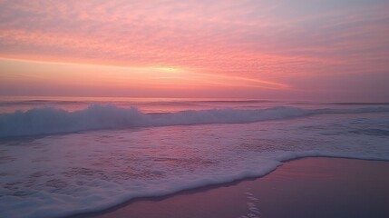 Fototapeta premium A pink sunrise over the ocean with waves crashing on the shore.