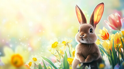 Fototapeta premium Adorable brown rabbit with daffodils on pastel background, perfect for Easter greeting card