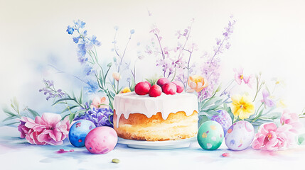 Rustic Easter cheesecake with fresh berries, pastel eggs, and spring flowers on white background
