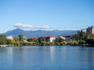 Obraz premium Lake in the mountainous area. Lake Nurigel in Batumi. Water surface, against the backdrop of the mountain.
