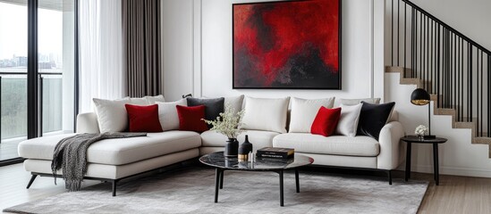Modern living room interior with sectional sofa, red abstract painting, and gray rug.