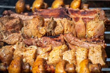 Grilled pieces of pork meat and mushrooms on metal skewers. Shashlik or shish kebab prepared on barbecue grill over hot charcoal with grilled vegetables.