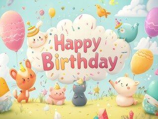 Playful cartoon-style "Happy Birthday" with cute animals