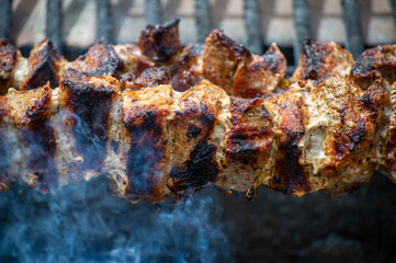 Grilled pieces of pork meat on metal skewers. Shashlik or shish kebab prepared on barbecue grill over hot charcoal with grilled vegetables.