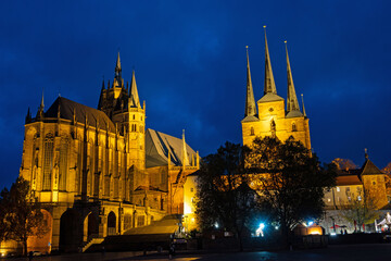 cathedral square in Erfurt with view to cathedral and church Severi in the blue hour