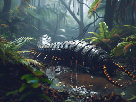 Arthropleura, a giant millipede-like creature, crawling across a dense, wet prehistoric forest floor, highlighting its segmented, armored body and detailed legs, surrounded by lush ferns and undergrow