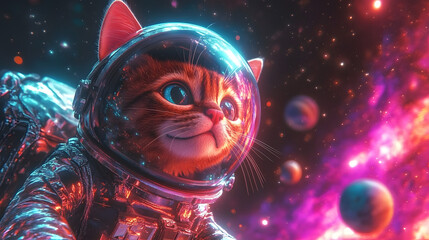 A Playful Cartoon Cat in a Shiny Space Helmet Imagining a Universe of Catnip Possibilities