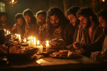 A realistic, moody Last Supper scene, Jesus and twelve disciples recline around a low table in a candle-lit stone room. 
