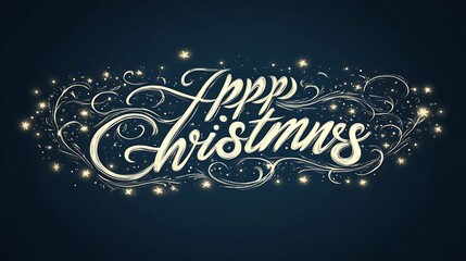 Happy Christmas in calligraphy surrounded by twinkling fairy lights on a dark navy blue background.
