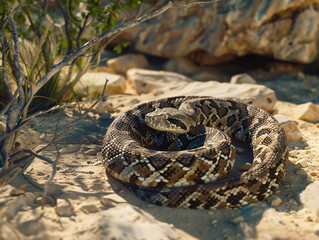 Obraz premium Aruba Rattlesnake coiled on a sandy terrain with scattered rocks and sparse desert vegetation, displaying its patterned scales and poised rattle, with soft natural lighting, cinematic style, Composit