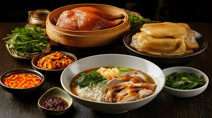 A vibrant collection of Chae Roast Duck, Khanom Chan High, and various side dishes arranged neatly on a rustic table. The colorful presentation showcases culinary artistry