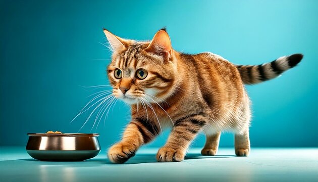 Chaton qui s'avance vers une gamelle de p&acirc;t&eacute;e