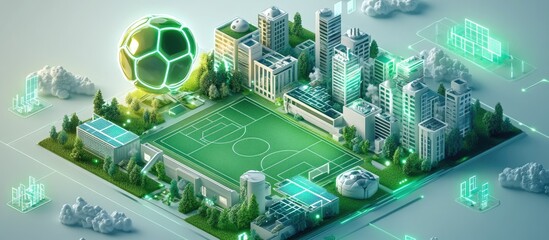 A glowing soccer ball hovers above a miniature city with a green soccer field.