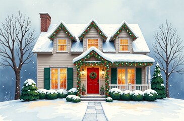 Fototapeta premium Facade of the house in the evening of snowy winter, decor with Christmas garland, New Year Eve, snow outside