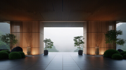 Fototapeta premium A peaceful Japanese entranceway welcomes the dawn with gentle mist, featuring lush greenery and soft, warm lighting that enhances the tranquil atmosphere