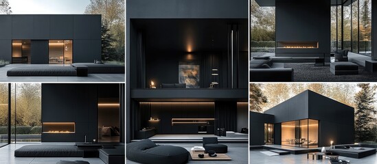 Modern black house with large windows, fireplace, and minimalist furniture.