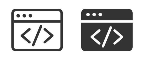 Web development and coding icons in dark and light styles, featuring browser windows and HTML tags. Vector illustration.