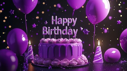 Shiny purple 3D "Happy Birthday" text on a dark starry background, with floating balloons and a tall birthday cake.