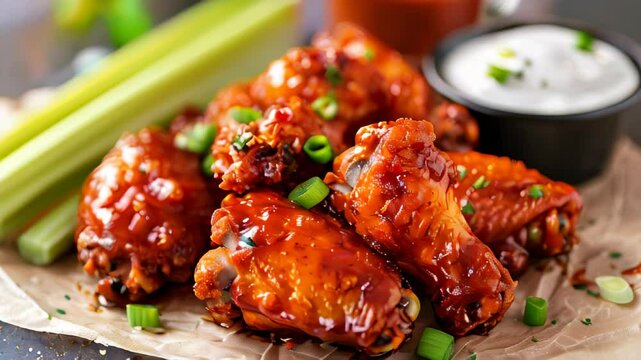 Close-up of golden crispy fried chicken wings tossed