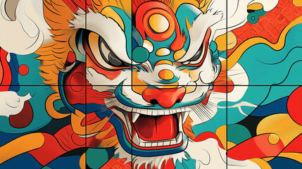 This artwork embodies the dynamic spirit of a lion dance, showcasing bold colors and intricate patterns that illustrate the energy of the performance during a cultural festival